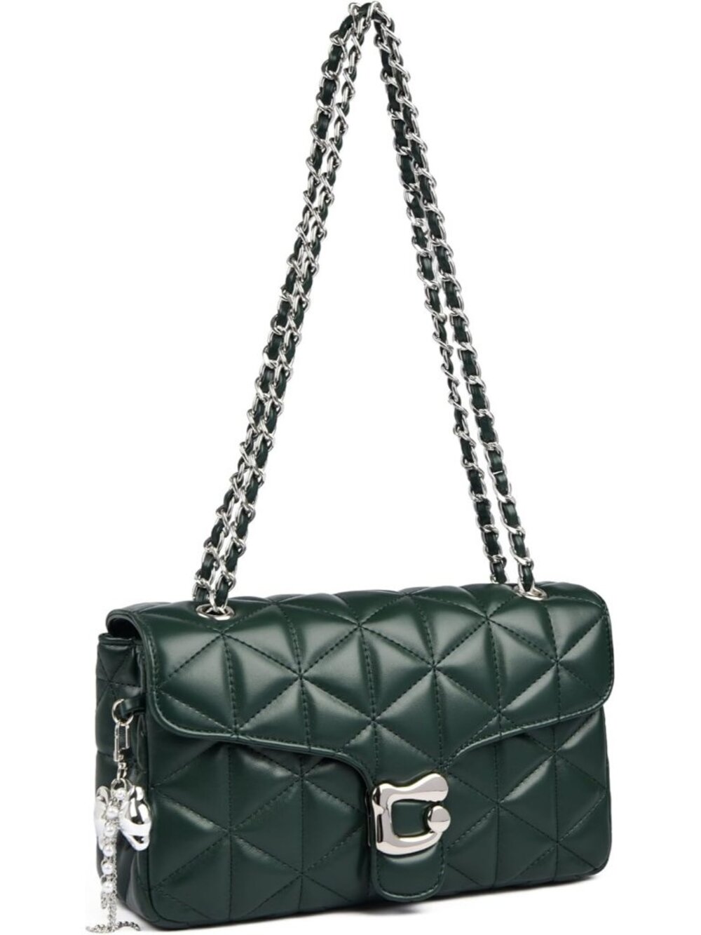 Women's Green Quilted Crossbody Bag Vegan Leather Chain Shoulder Purse